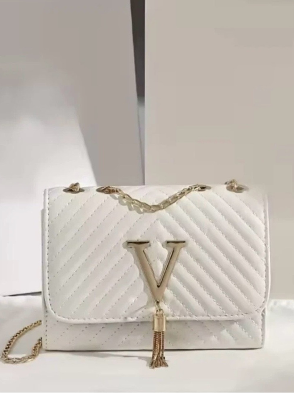 White Quilted Chain Shoulder Bag with Gold V Accent